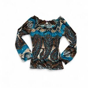 VTG y2k paisley brown blue lettuce hem wide‎ long sleeve blouse boho fairy L